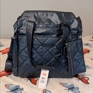 NWT Lug SAUNTER quilted weekender bag and travel pouch in metallic indigo